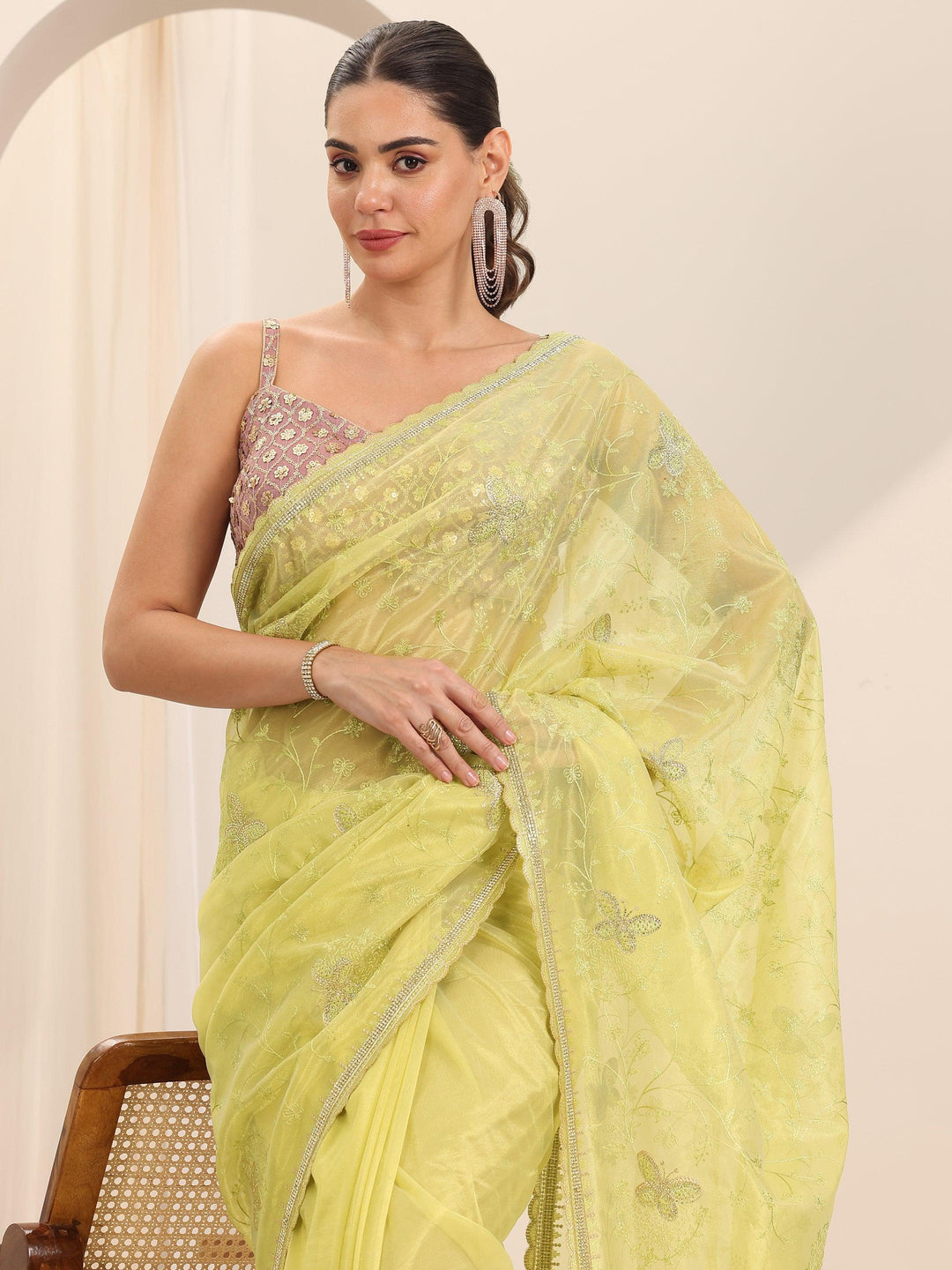  Green Embroidered Net Silk Saree With Unstitched Blouse Piece 