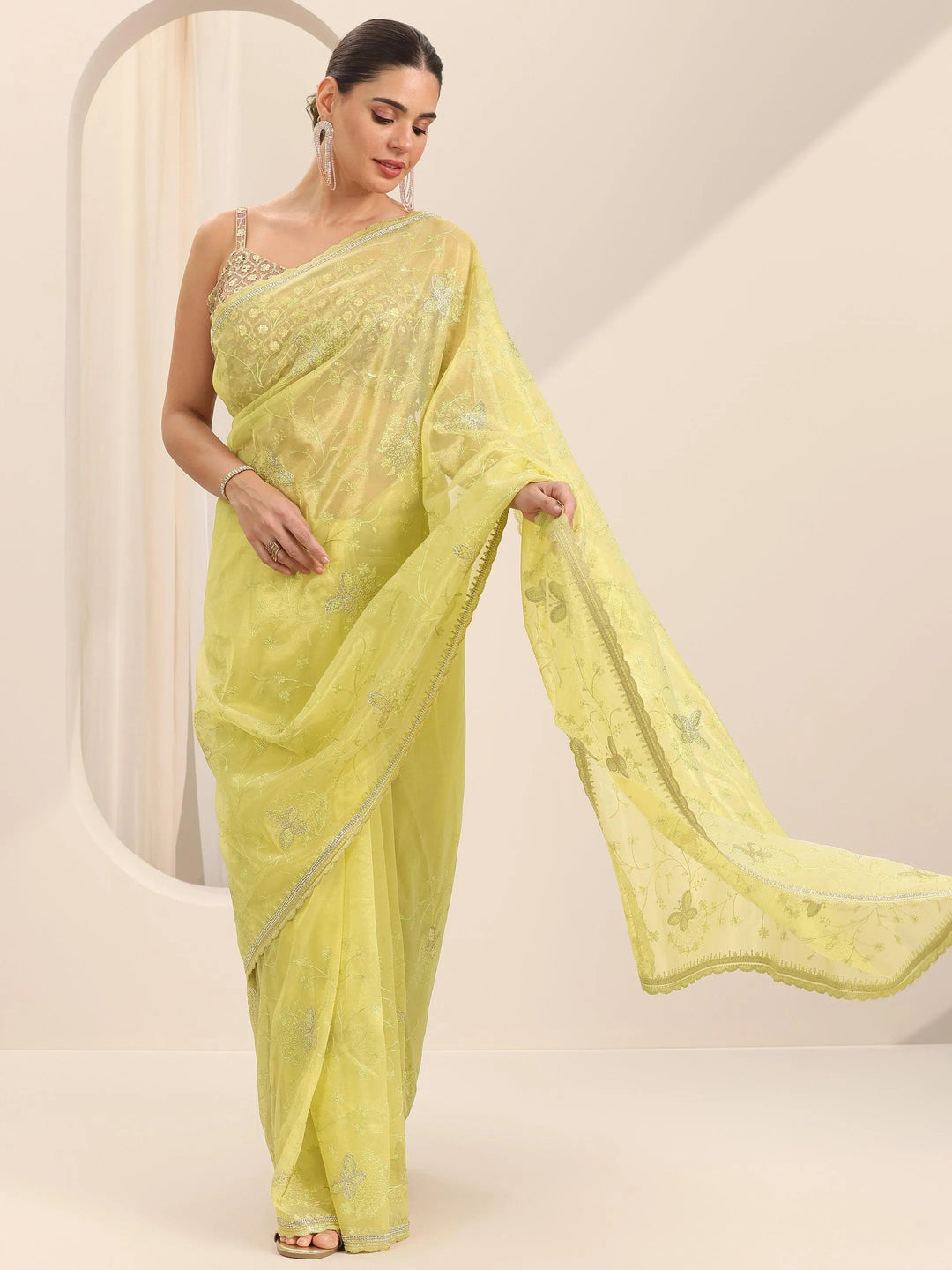  Green Embroidered Net Silk Saree With Unstitched Blouse Piece 