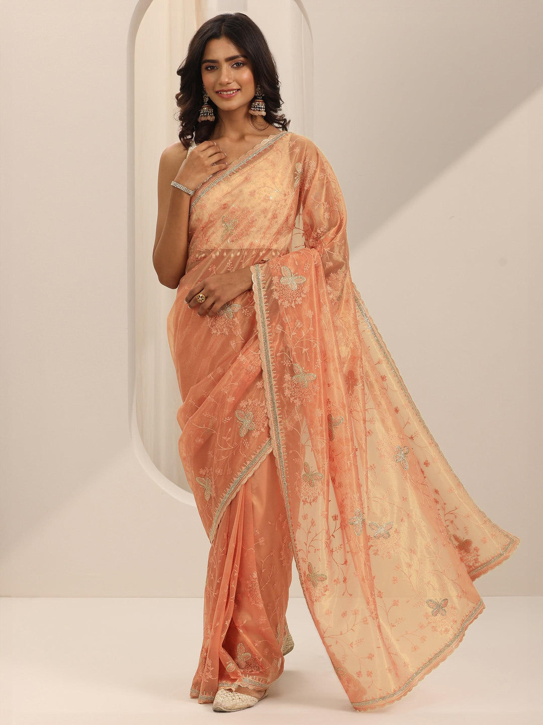  Peach Embroidered Net Silk Saree With Unstitched Blouse Piece 