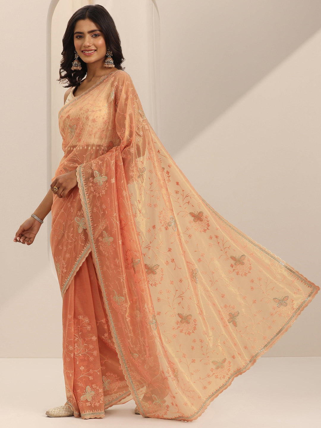  Peach Embroidered Net Silk Saree With Unstitched Blouse Piece 