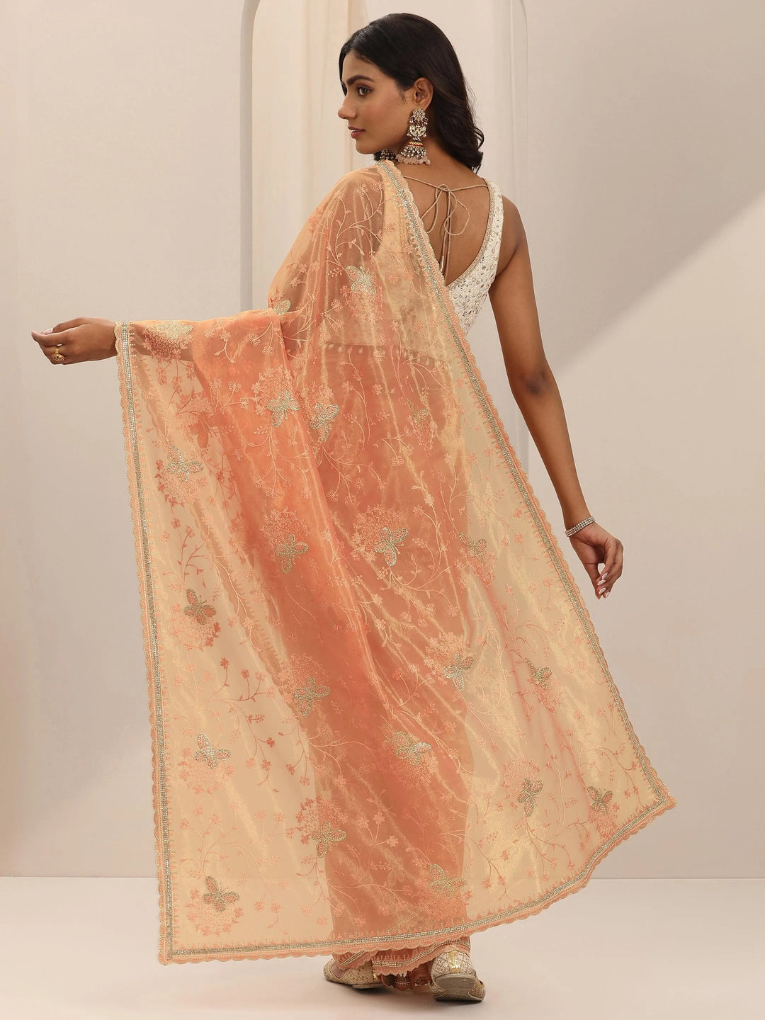  Peach Embroidered Net Silk Saree With Unstitched Blouse Piece 