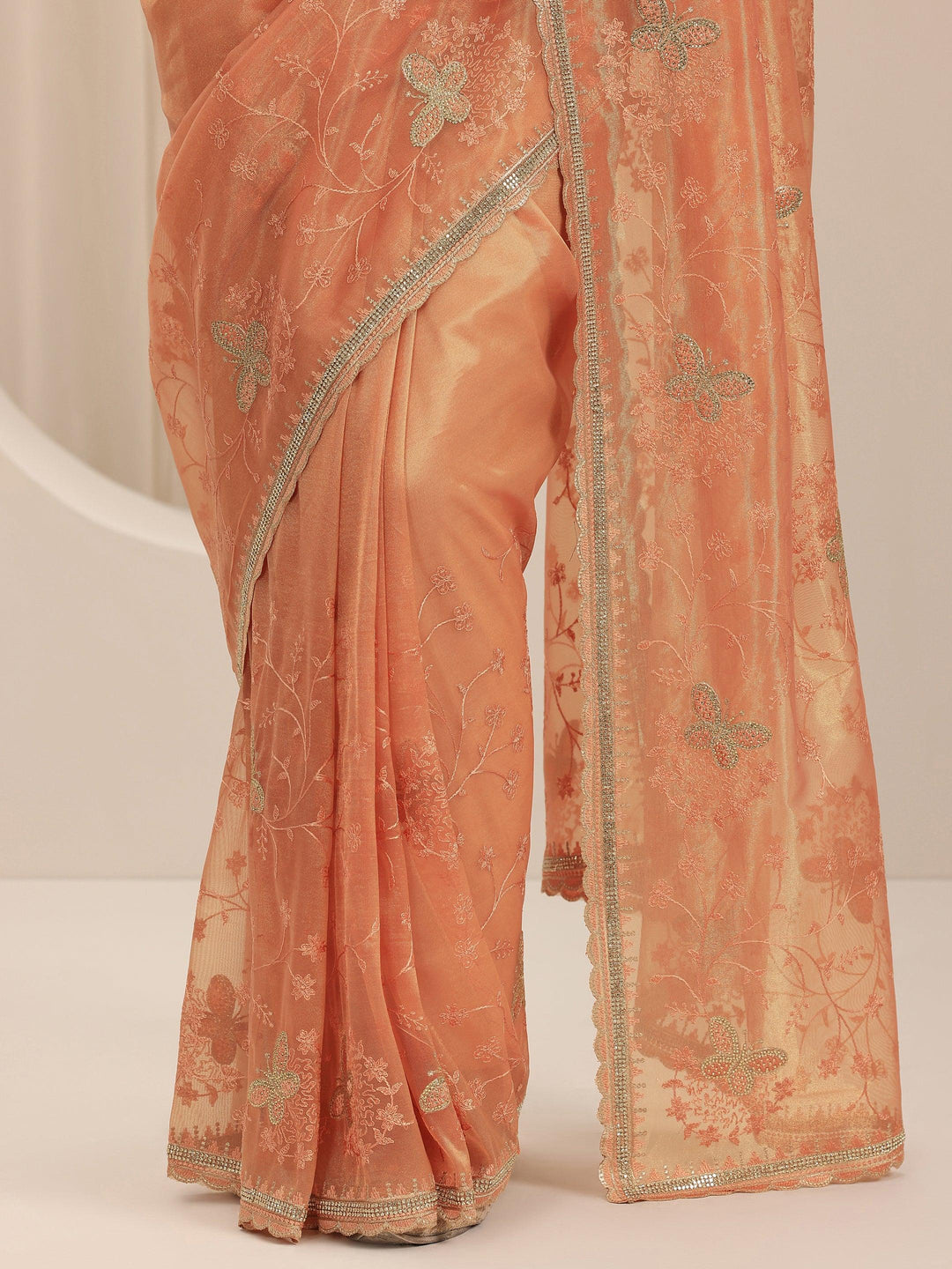  Peach Embroidered Net Silk Saree With Unstitched Blouse Piece 