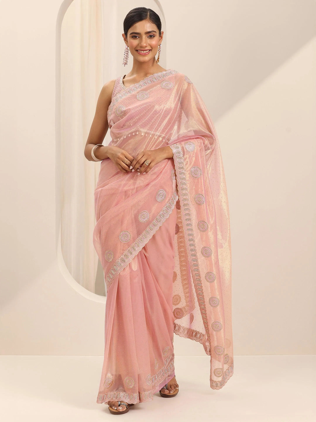  Pink Embroidered Net Silk Saree With Unstitched Blouse Piece 