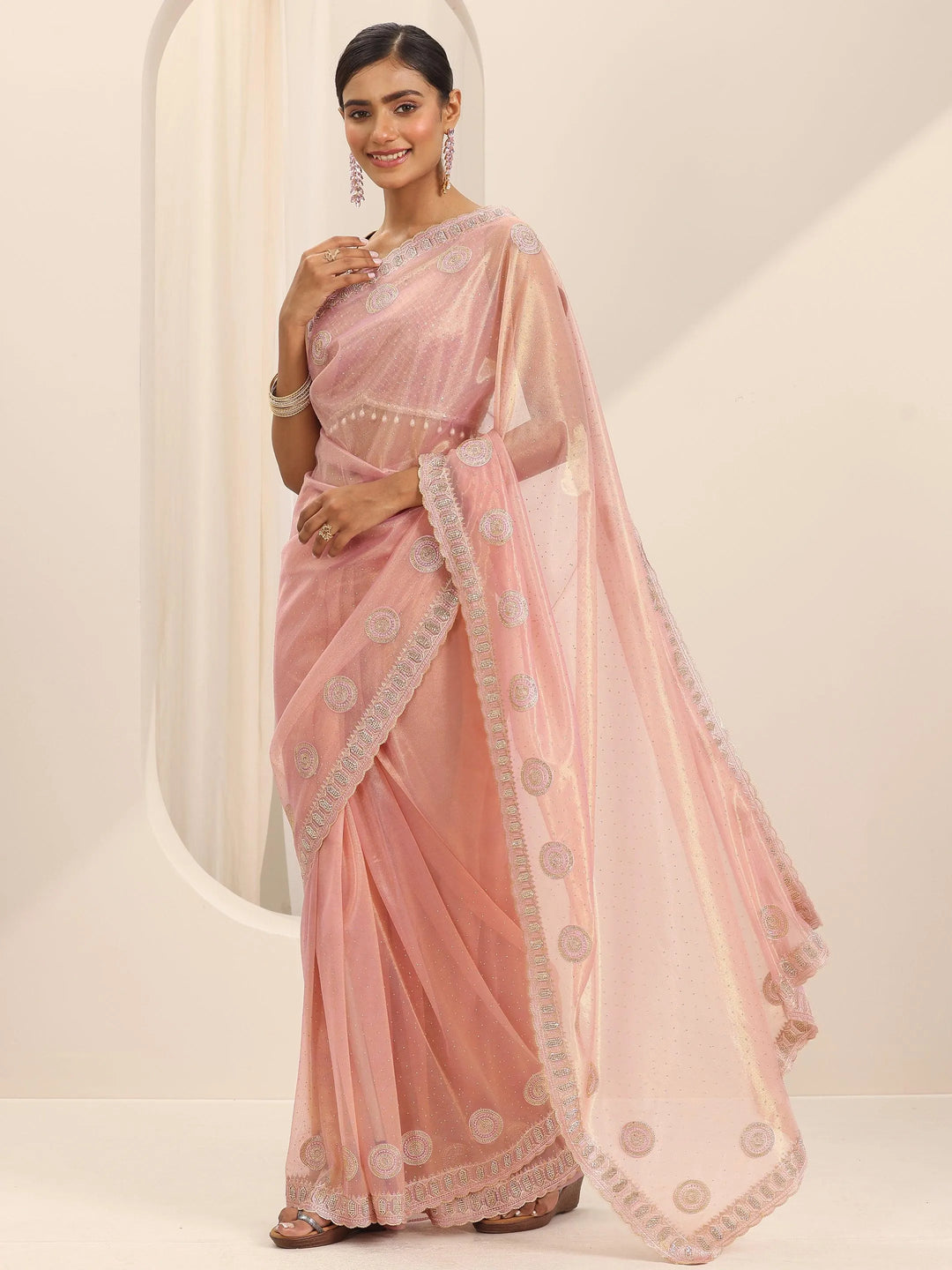  Pink Embroidered Net Silk Saree With Unstitched Blouse Piece 