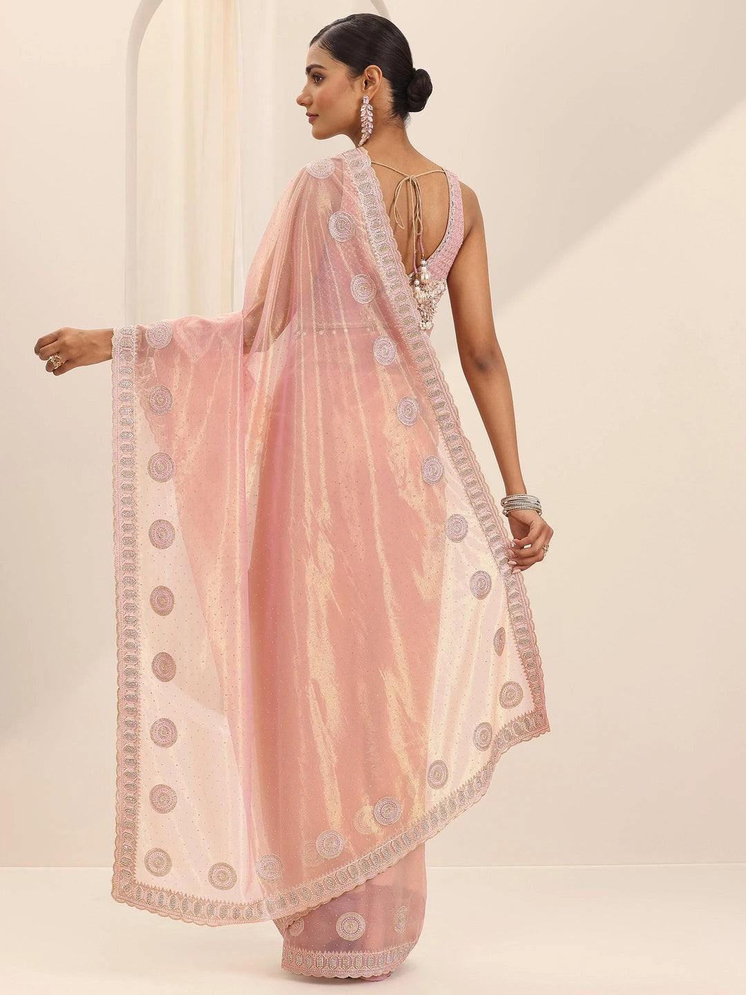  Pink Embroidered Net Silk Saree With Unstitched Blouse Piece 
