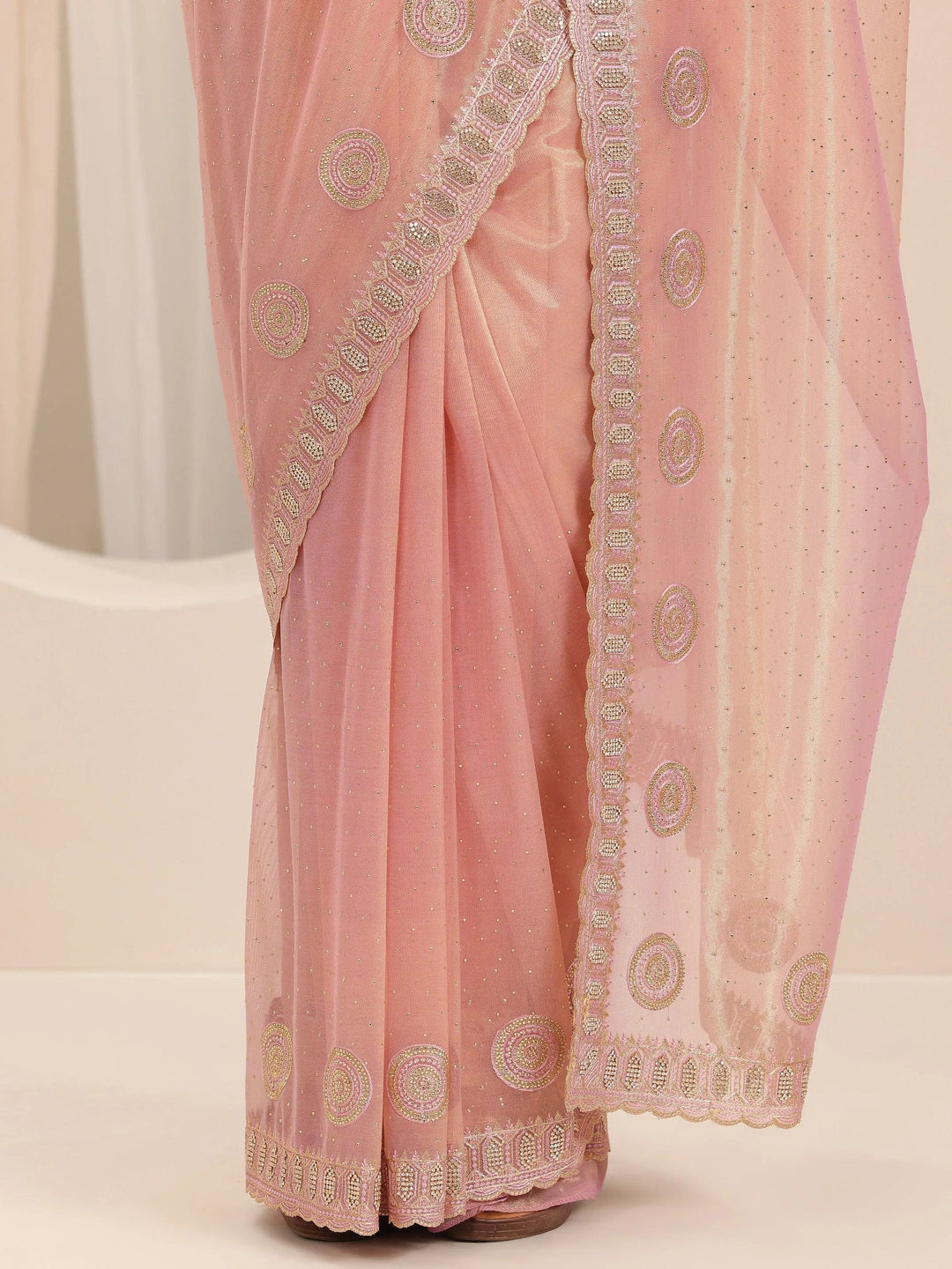  Pink Embroidered Net Silk Saree With Unstitched Blouse Piece 