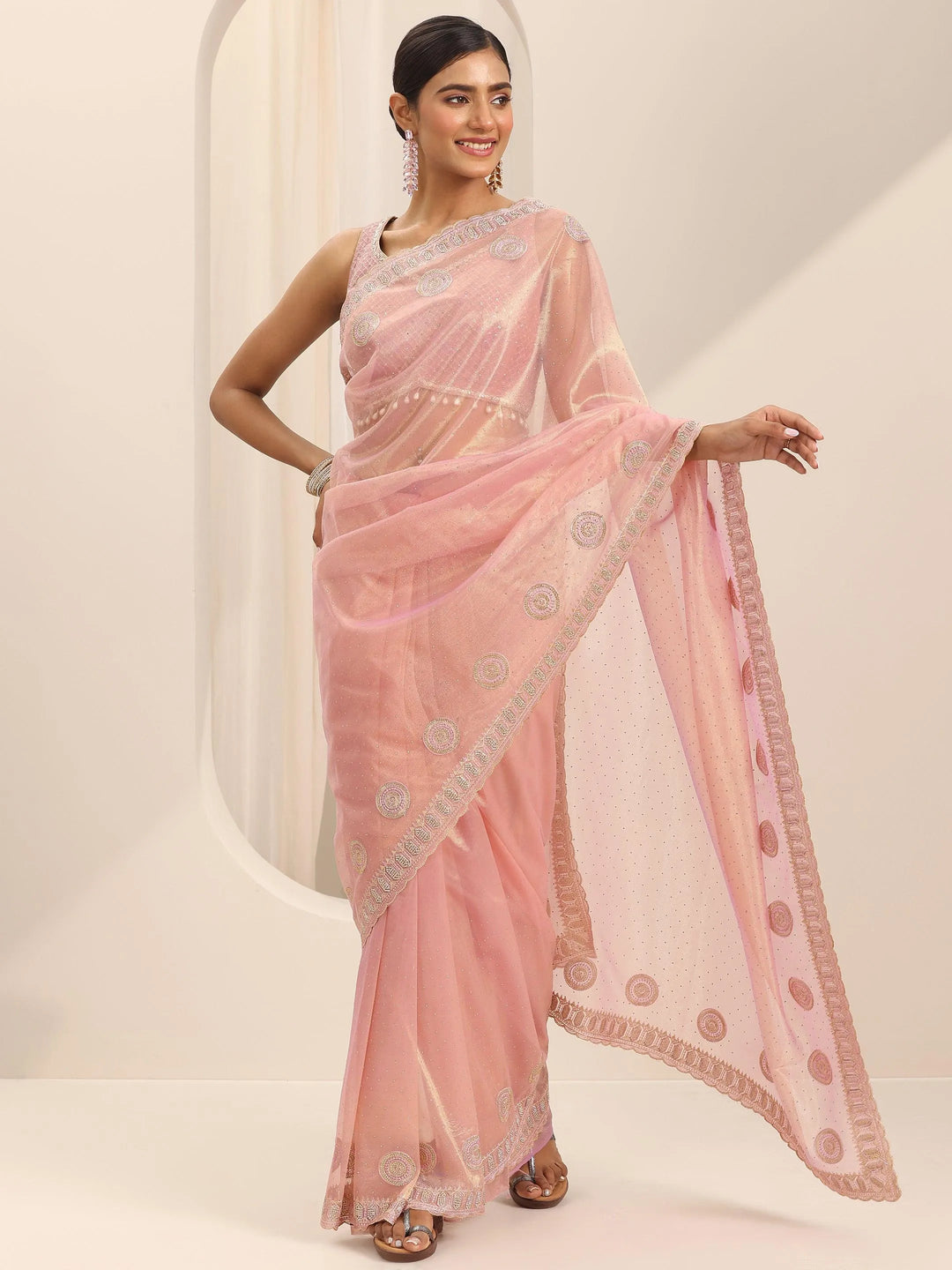  Pink Embroidered Net Silk Saree With Unstitched Blouse Piece 