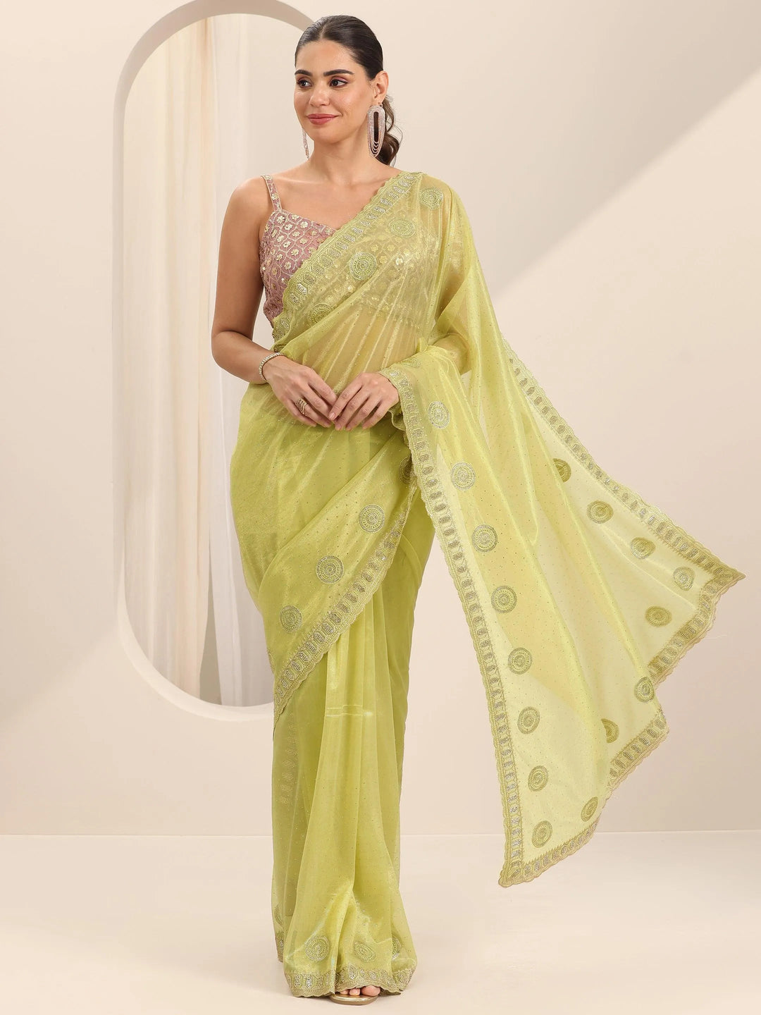  Green Embroidered Net Silk Saree With Unstitched Blouse Piece 