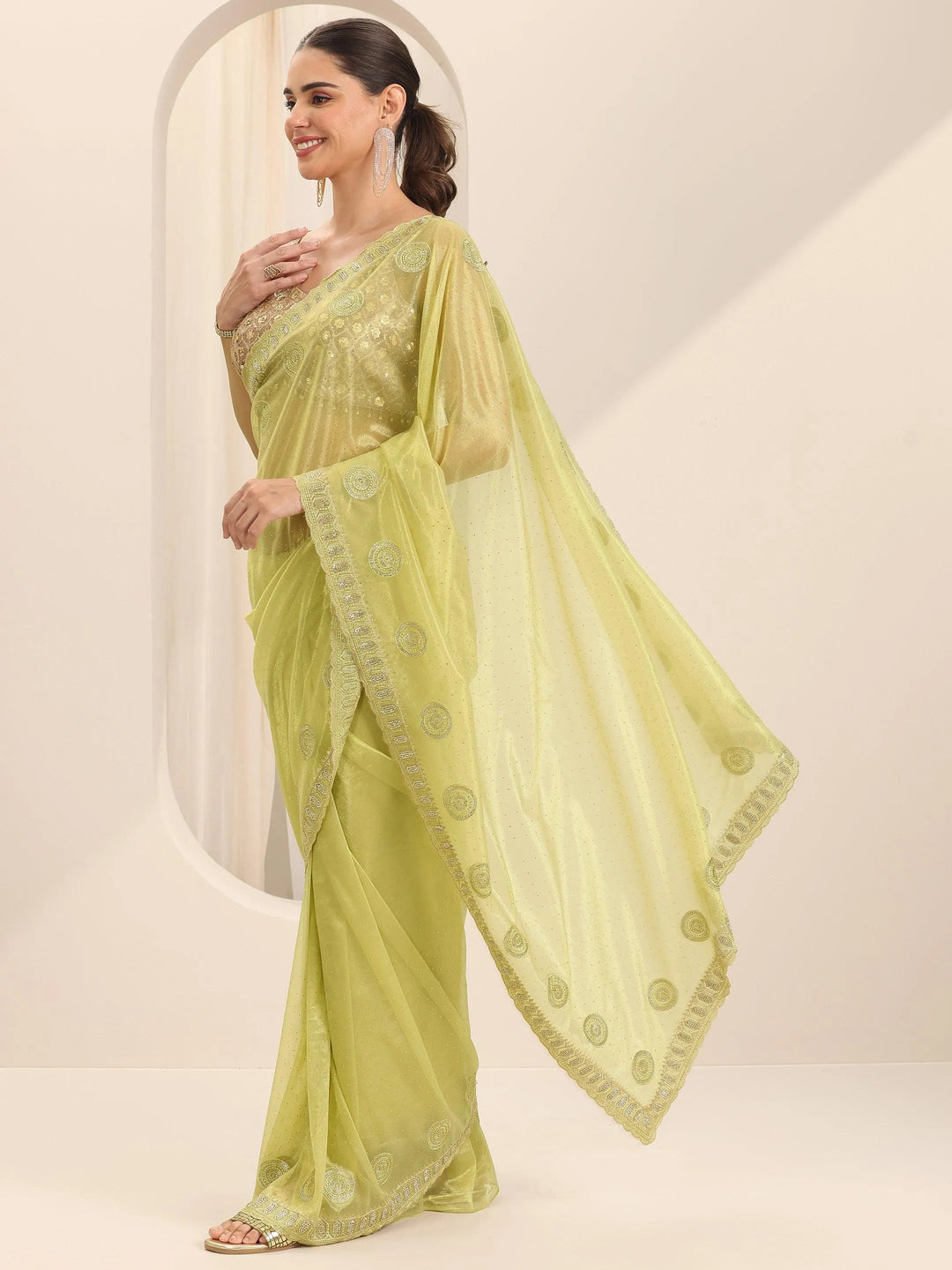  Green Embroidered Net Silk Saree With Unstitched Blouse Piece 