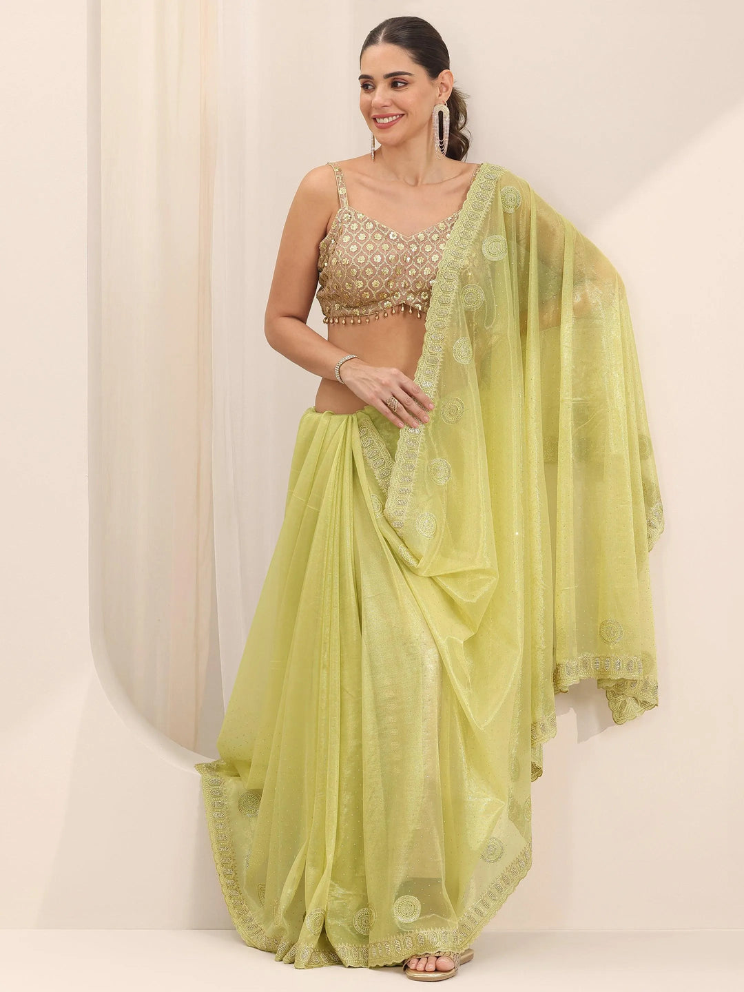  Green Embroidered Net Silk Saree With Unstitched Blouse Piece 
