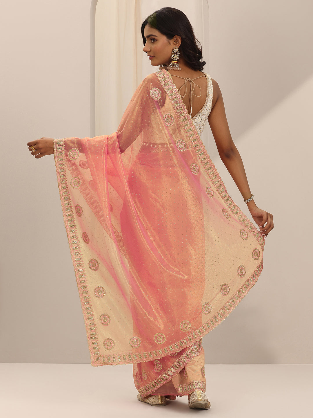  Coral Embroidered Net Silk Saree With Unstitched Blouse Piece 