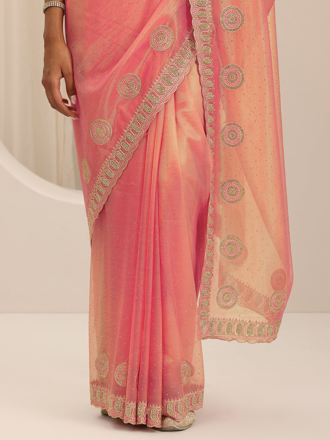 Coral Embroidered Net Silk Saree With Unstitched Blouse Piece 