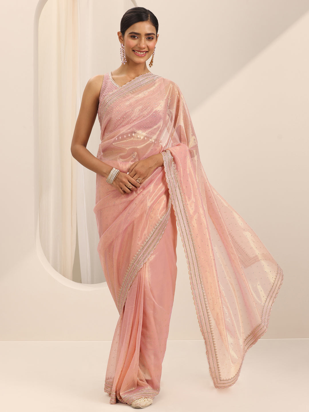 Pink Embroidered Net Silk Saree With Unstitched Blouse Piece