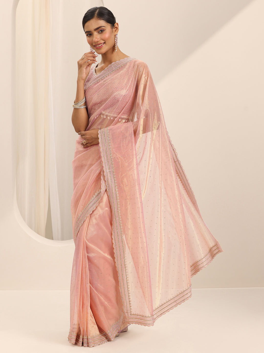  Pink Embroidered Net Silk Saree With Unstitched Blouse Piece 