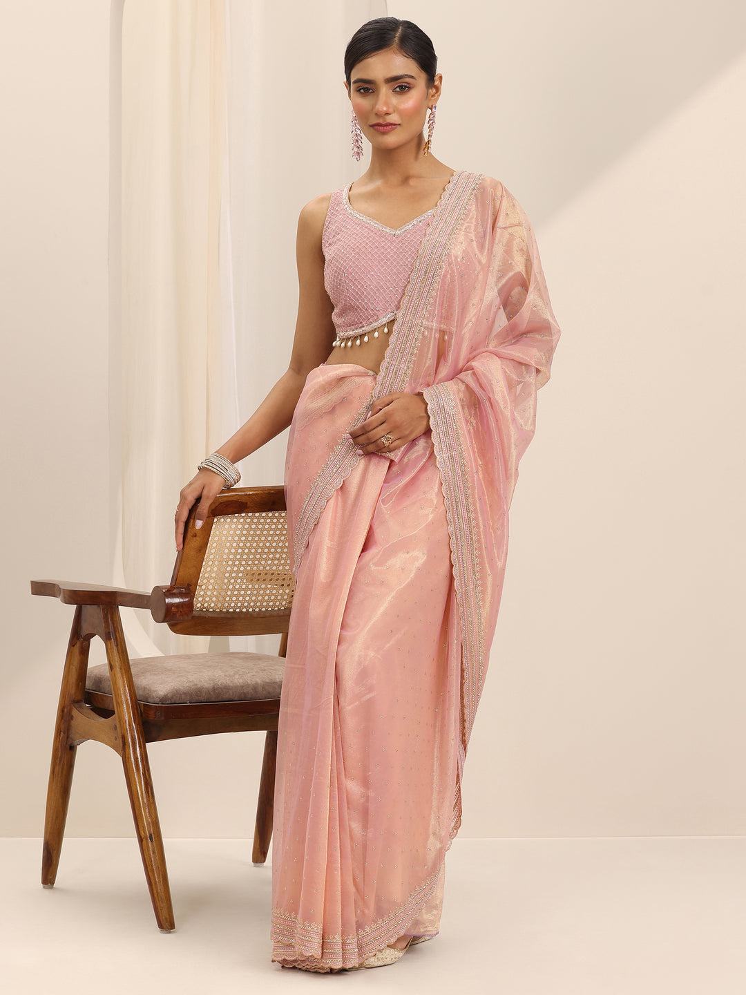  Pink Embroidered Net Silk Saree With Unstitched Blouse Piece 
