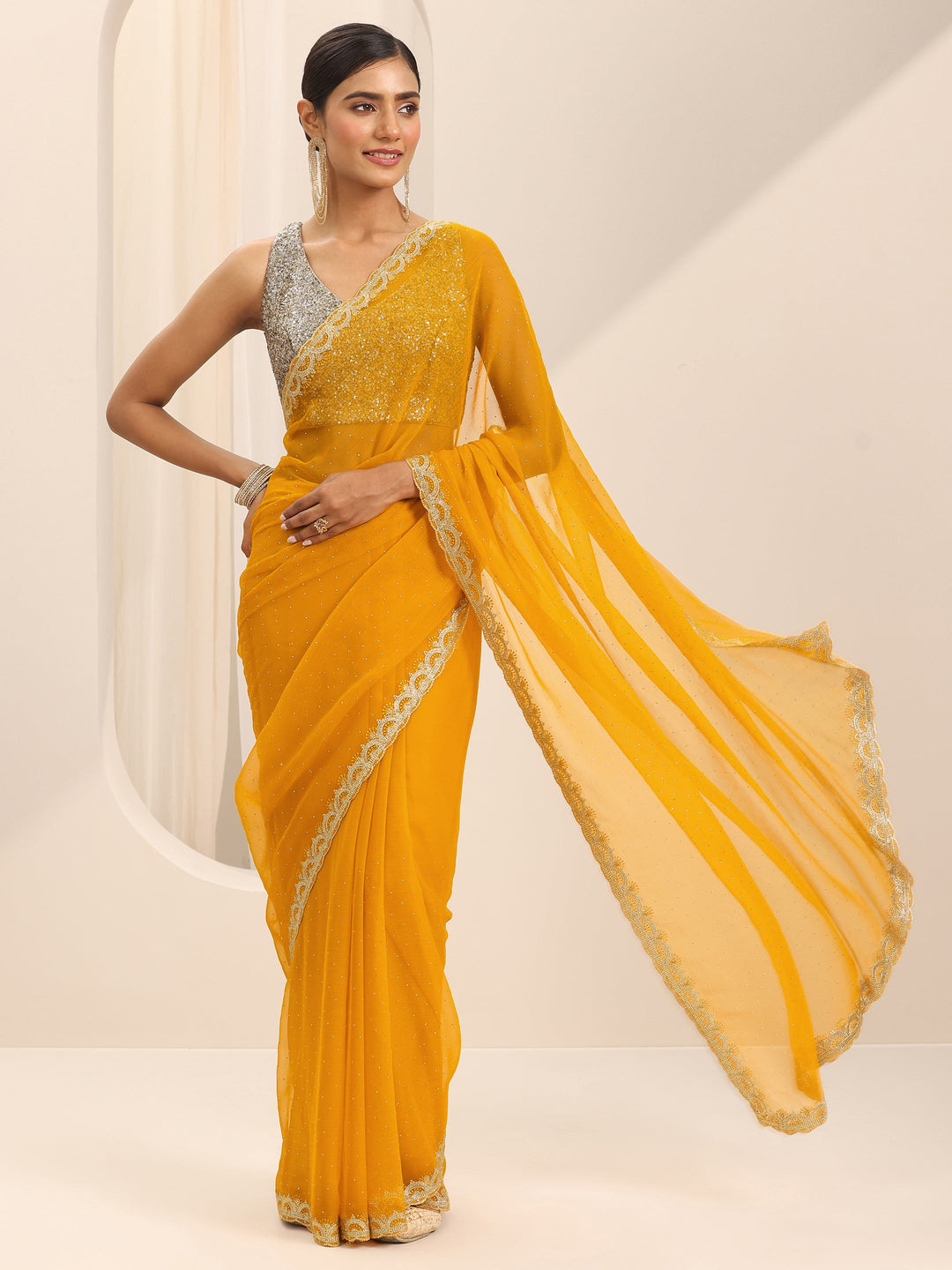  Mustard Embroidered Chiffon Saree With Unstitched Blouse Piece 