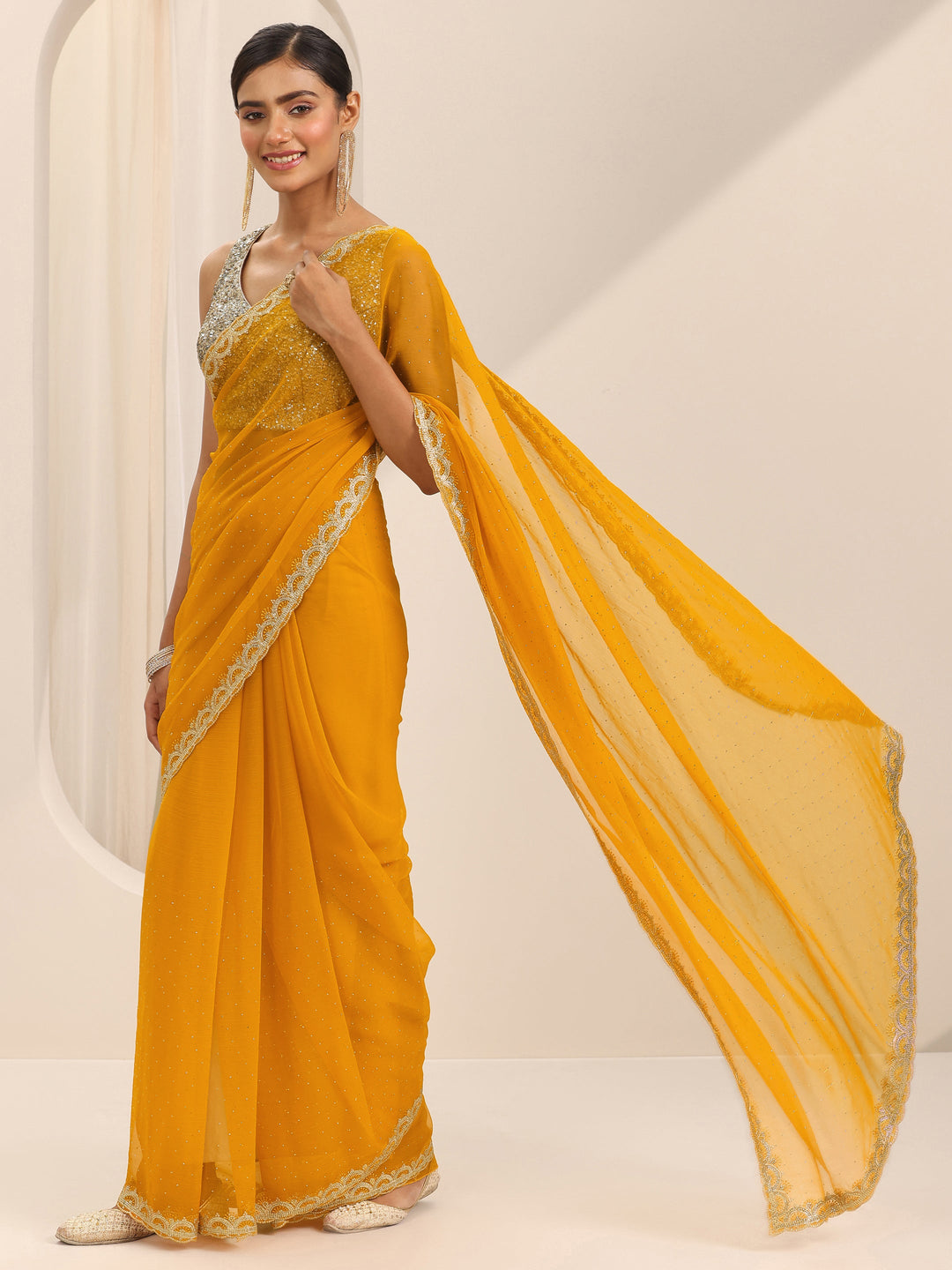  Mustard Embroidered Chiffon Saree With Unstitched Blouse Piece 