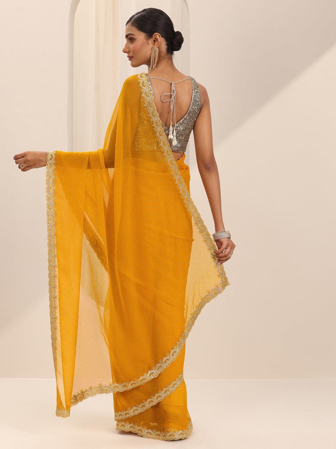  Mustard Embroidered Chiffon Saree With Unstitched Blouse Piece 