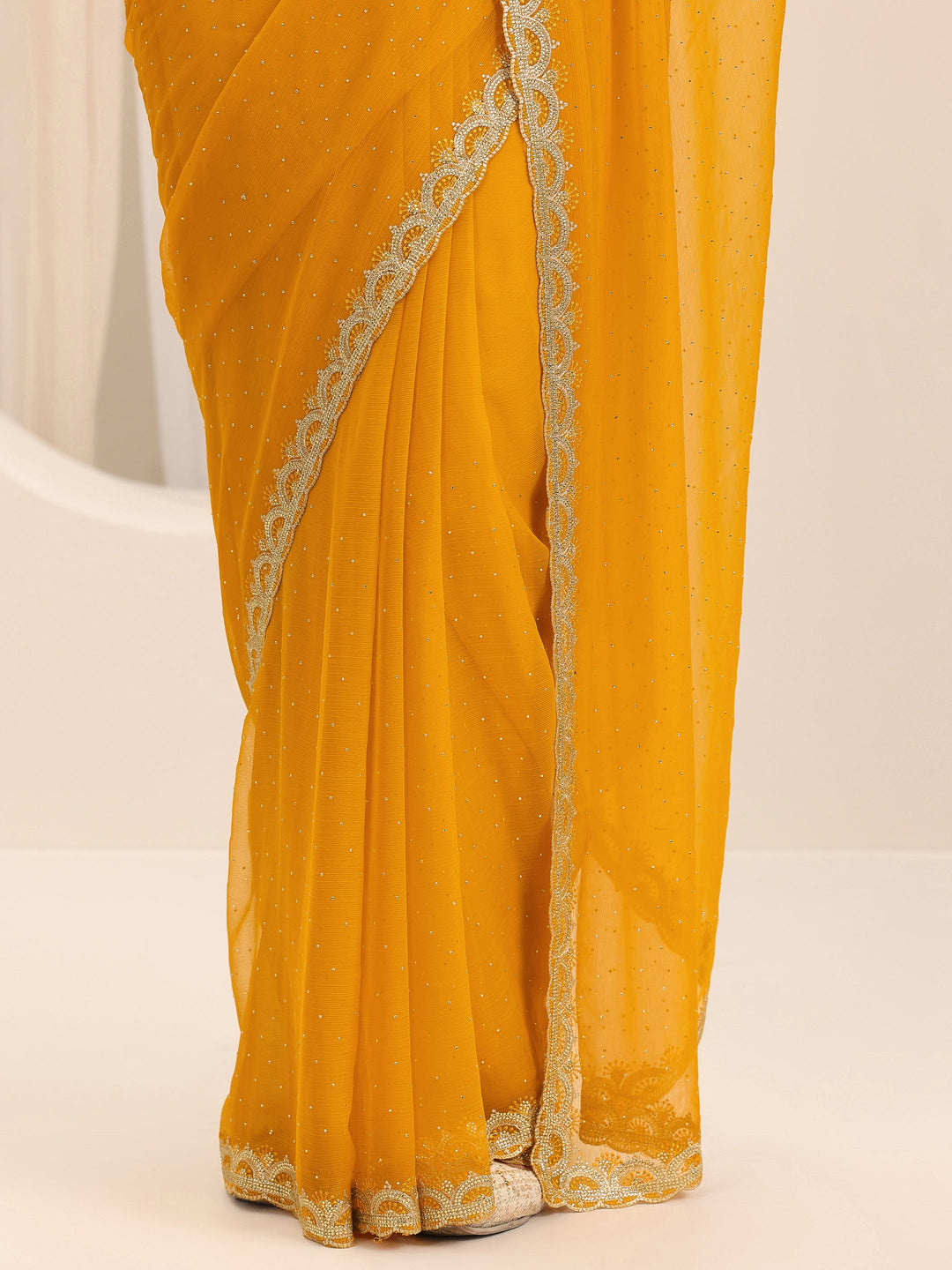  Mustard Embroidered Chiffon Saree With Unstitched Blouse Piece 