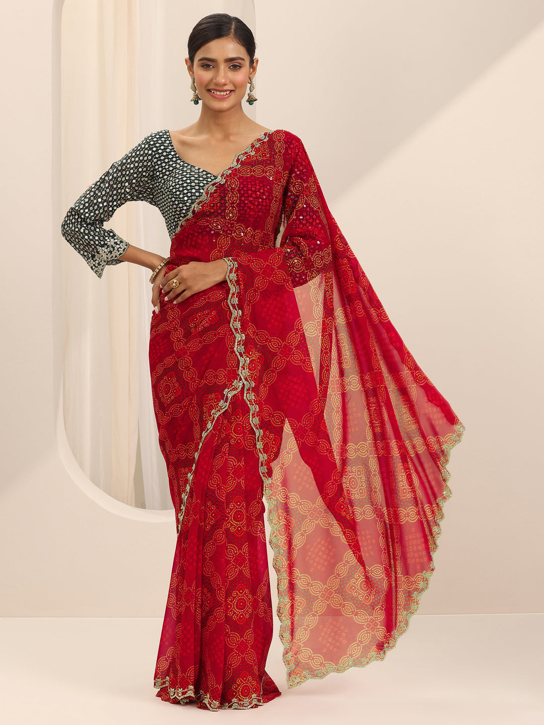  Red Printed Georgette Saree With Unstitched Blouse Piece 