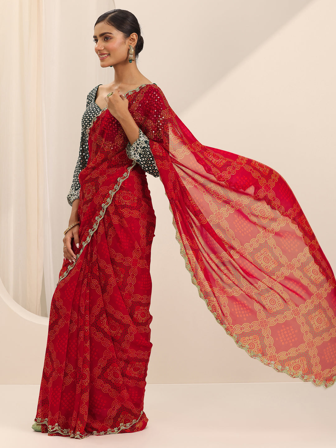  Red Printed Georgette Saree With Unstitched Blouse Piece 