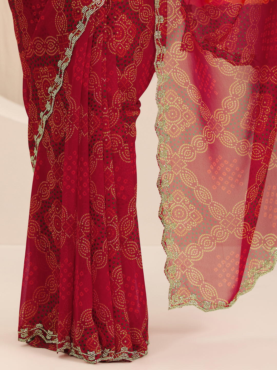  Red Printed Georgette Saree With Unstitched Blouse Piece 