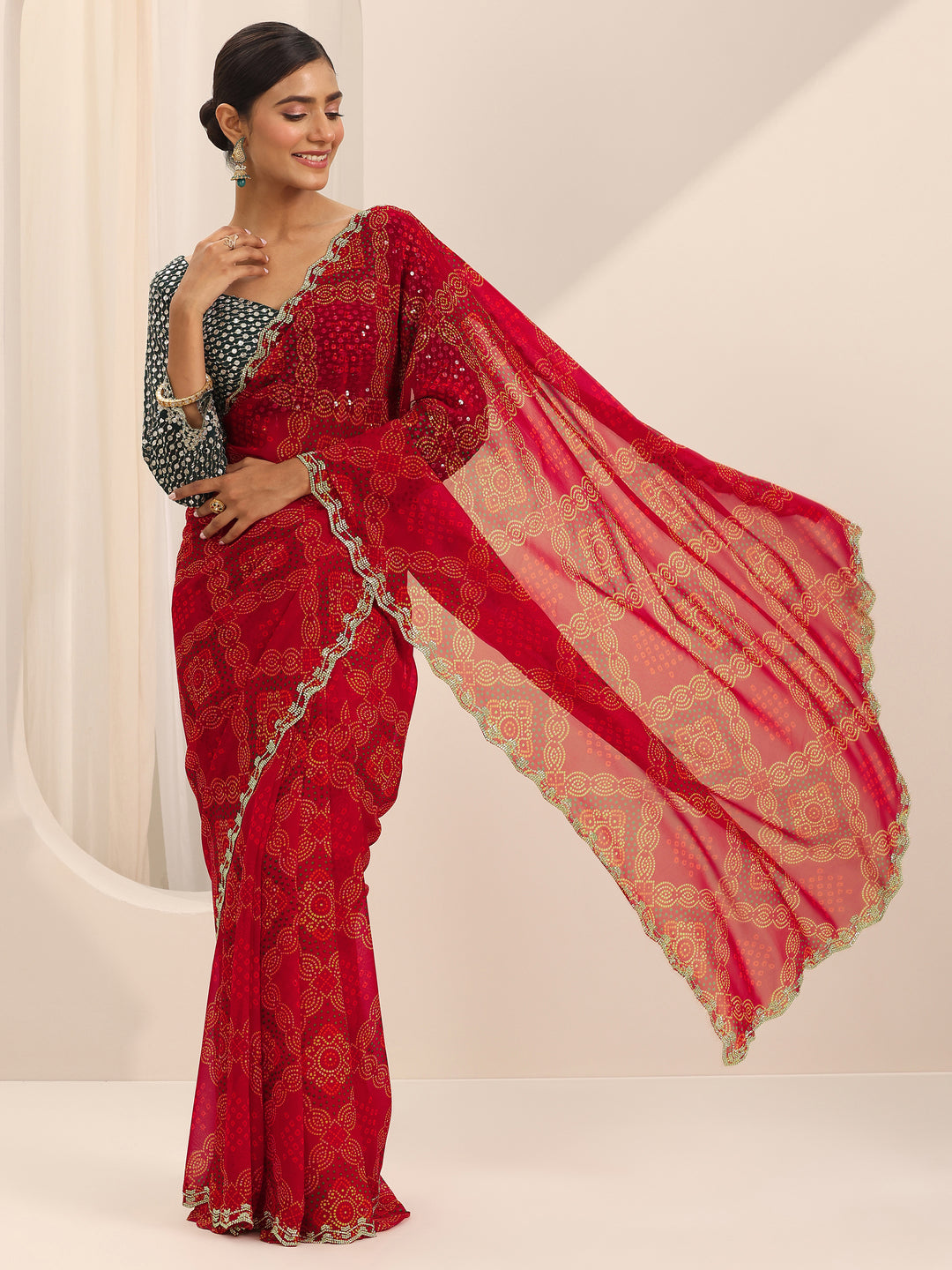  Red Printed Georgette Saree With Unstitched Blouse Piece 