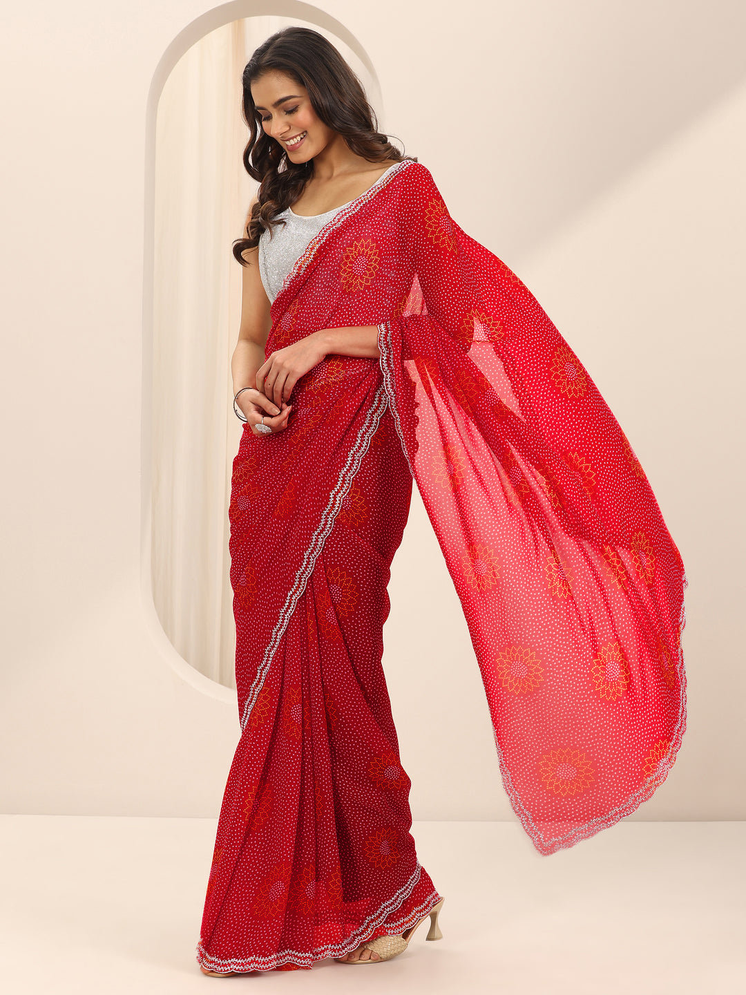  Red Printed Georgette Saree With Unstitched Blouse Piece 