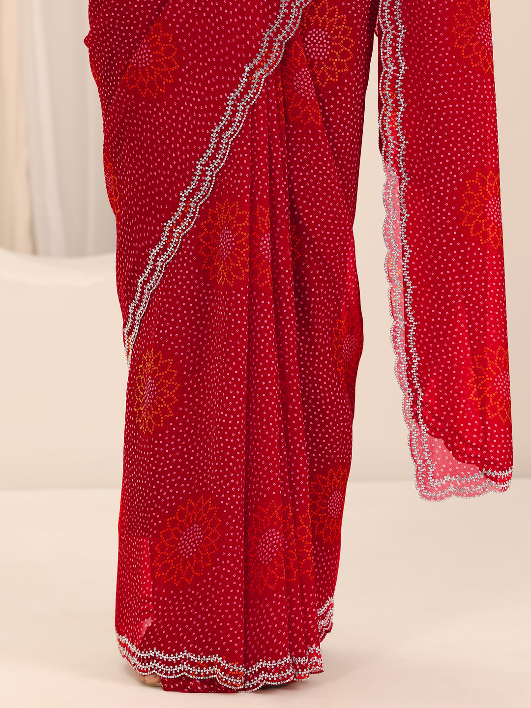  Red Printed Georgette Saree With Unstitched Blouse Piece 