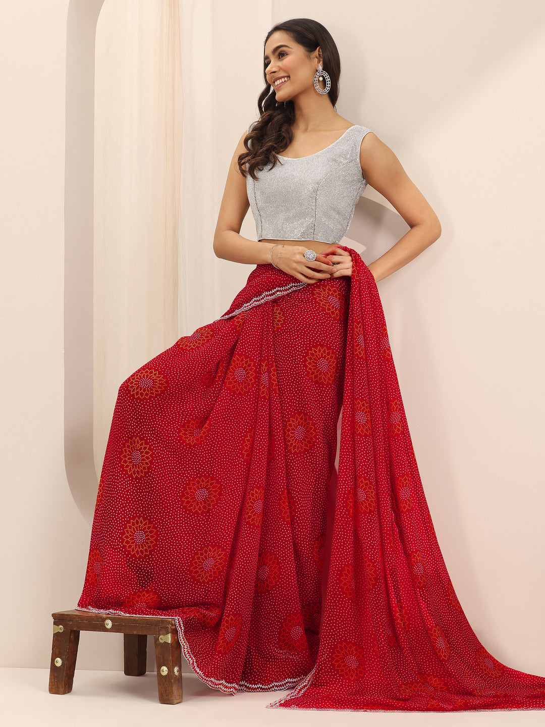  Red Printed Georgette Saree With Unstitched Blouse Piece 