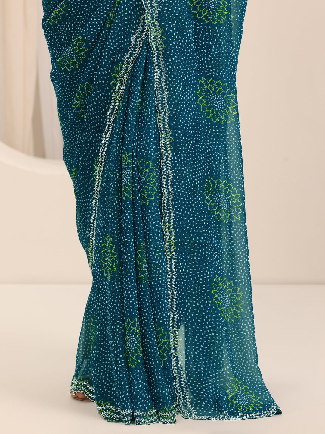  Teal Printed Georgette Saree With Unstitched Blouse Piece 