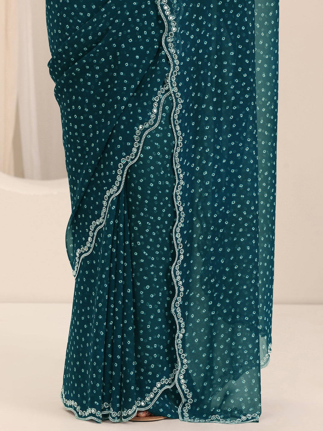  Teal Printed Georgette Saree With Unstitched Blouse Piece 