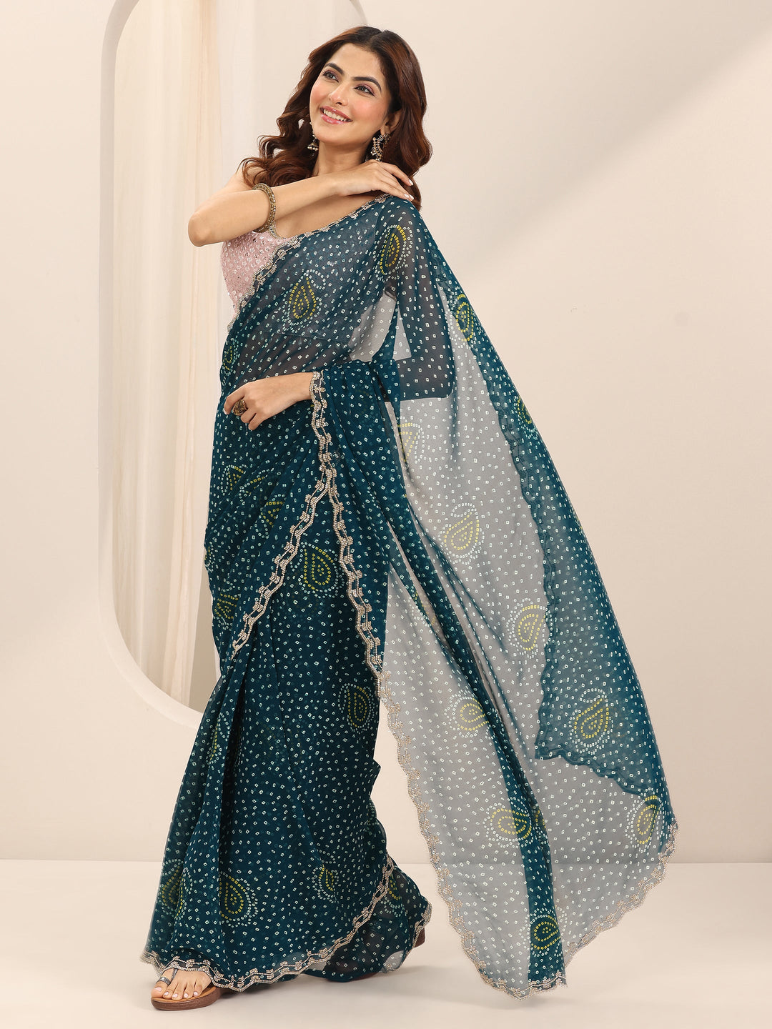  Teal Printed Georgette Saree With Unstitched Blouse Piece 