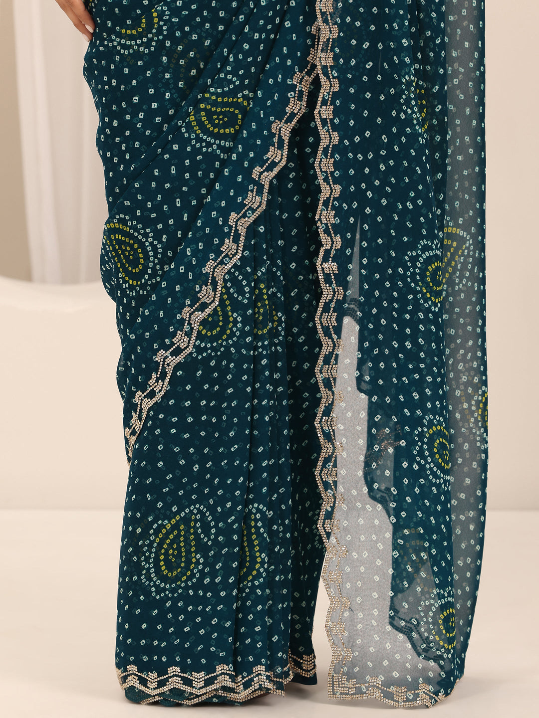  Teal Printed Georgette Saree With Unstitched Blouse Piece 