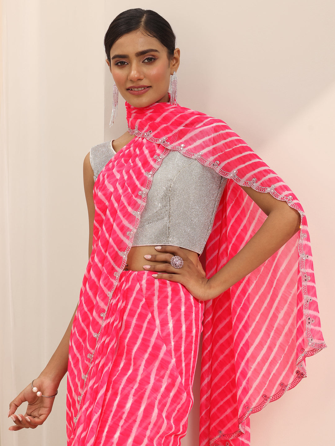  Pink Printed Georgette Saree With Unstitched Blouse Piece 