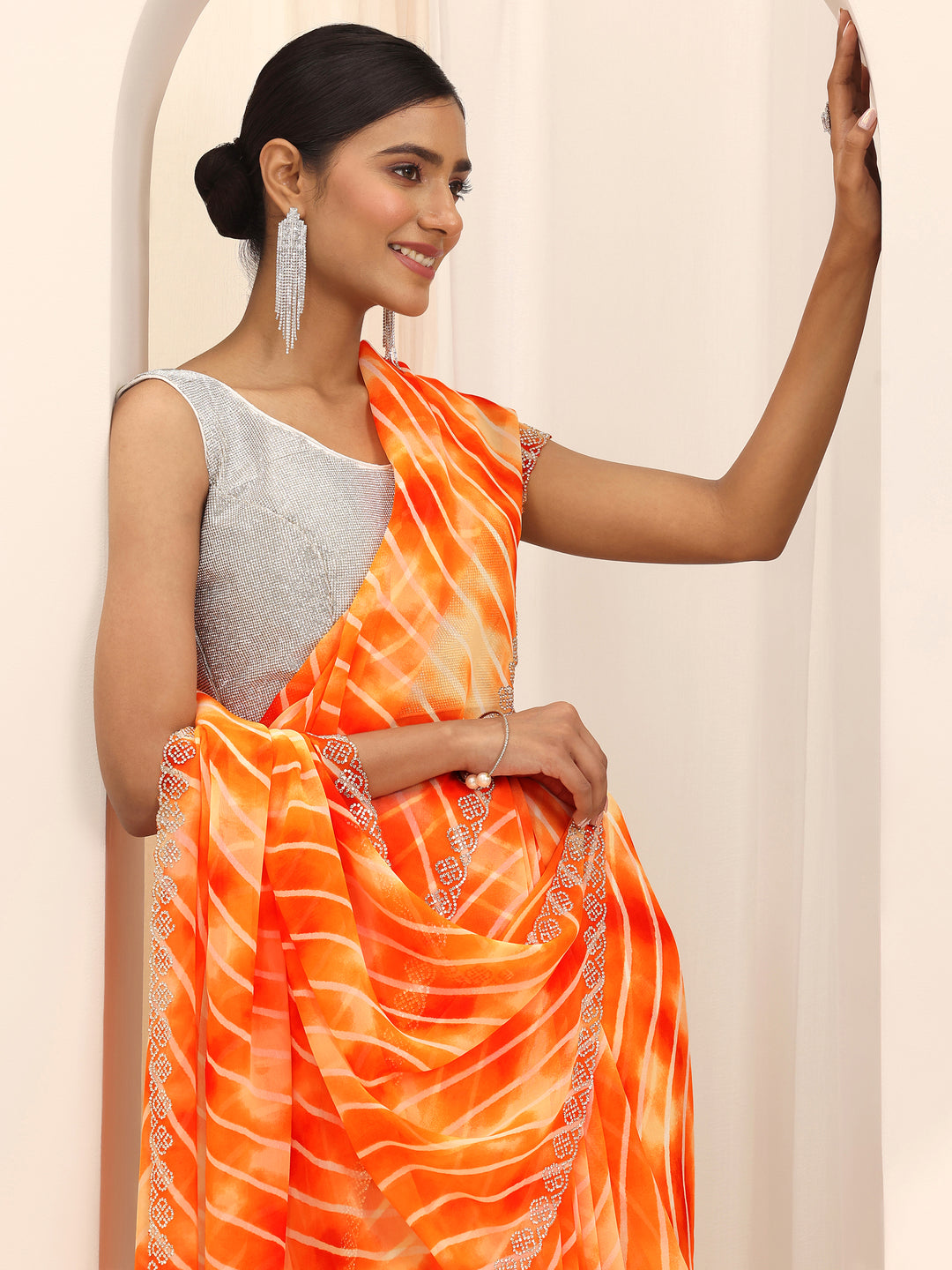 Orange Printed Georgette Saree With Unstitched Blouse Piece