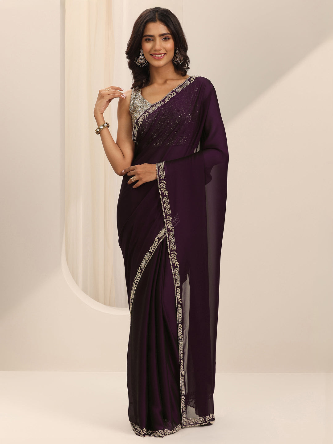  Burgundy Solid Satin Saree With Unstitched Blouse Piece 