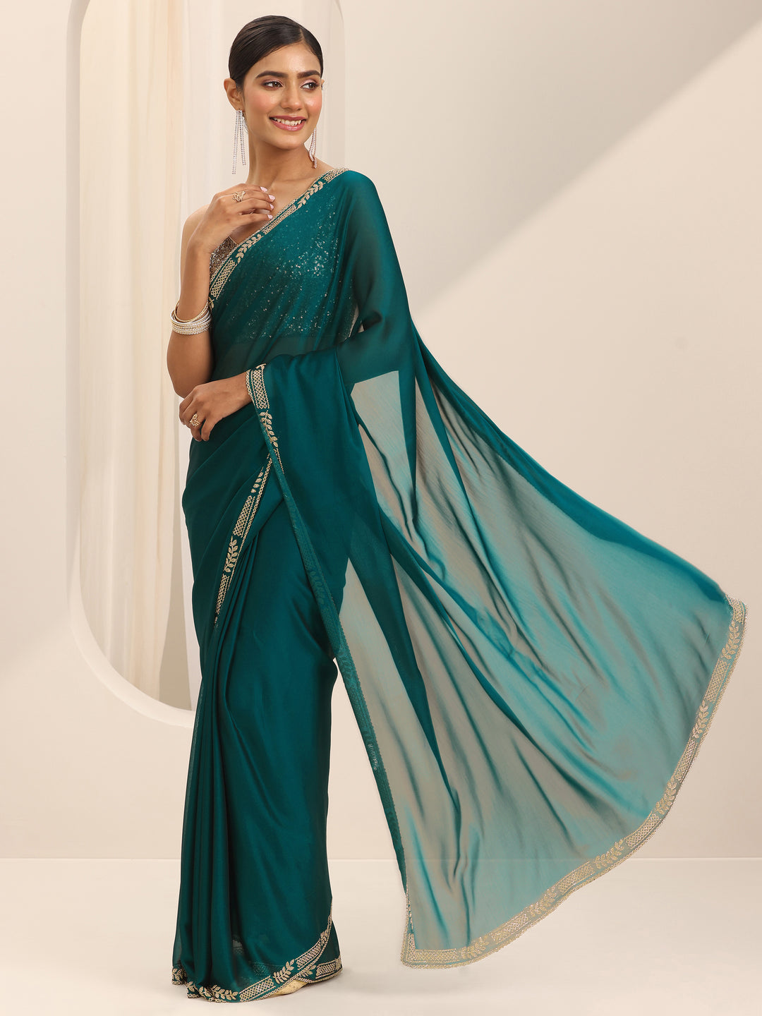  Teal Solid Satin Saree With Unstitched Blouse Piece 