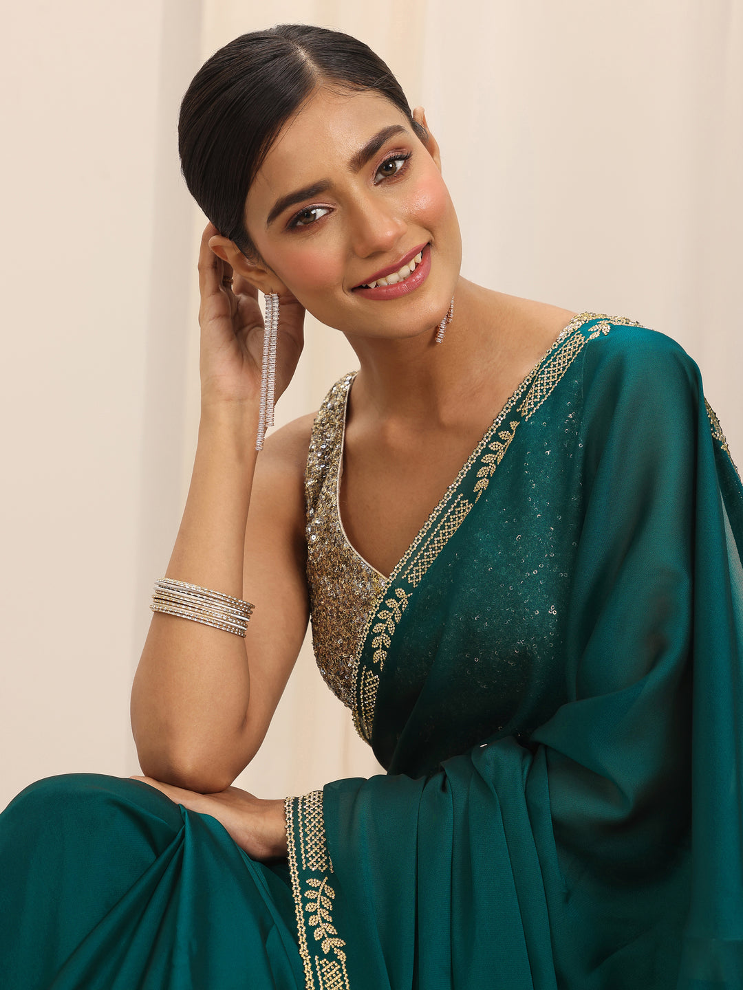  Teal Solid Satin Saree With Unstitched Blouse Piece 