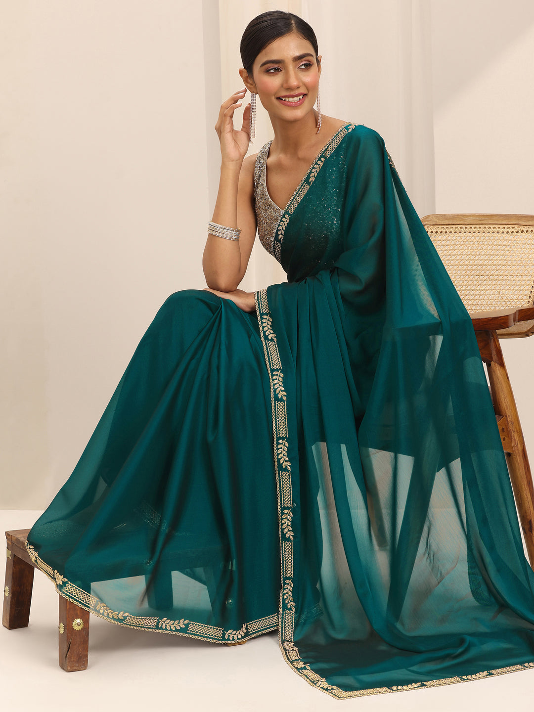 Teal Solid Satin Saree With Unstitched Blouse Piece