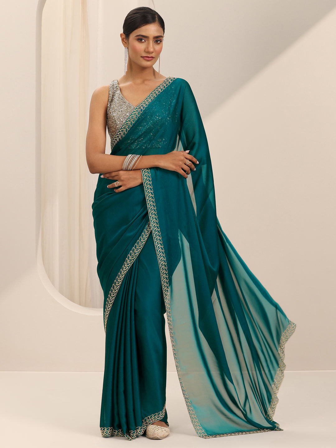  Teal Solid Satin Saree With Unstitched Blouse Piece 