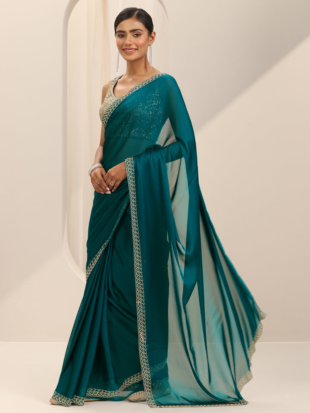  Teal Solid Satin Saree With Unstitched Blouse Piece 