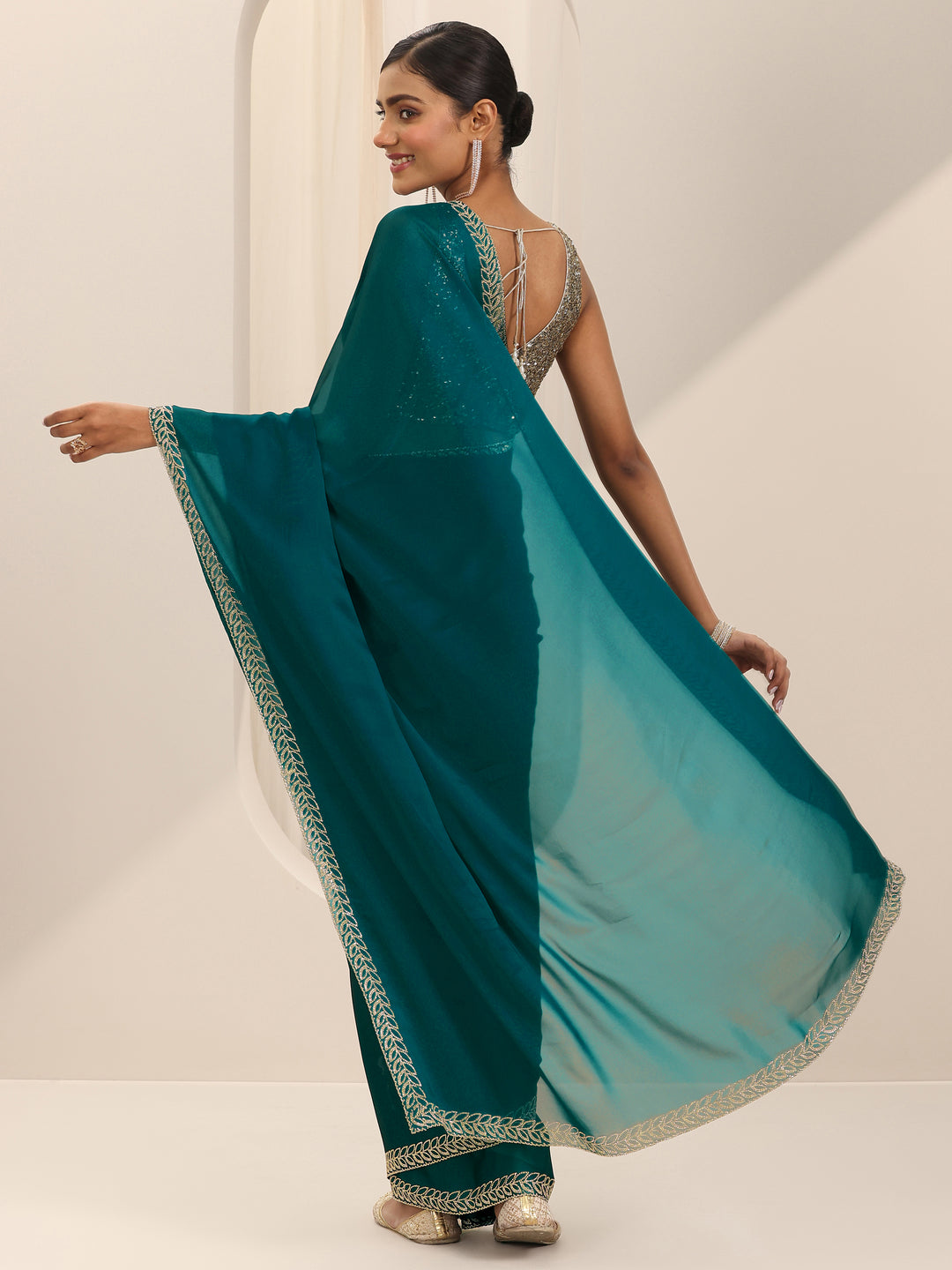  Teal Solid Satin Saree With Unstitched Blouse Piece 