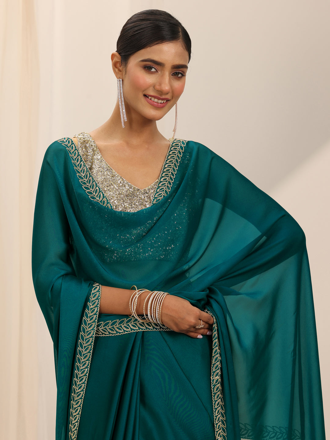  Teal Solid Satin Saree With Unstitched Blouse Piece 