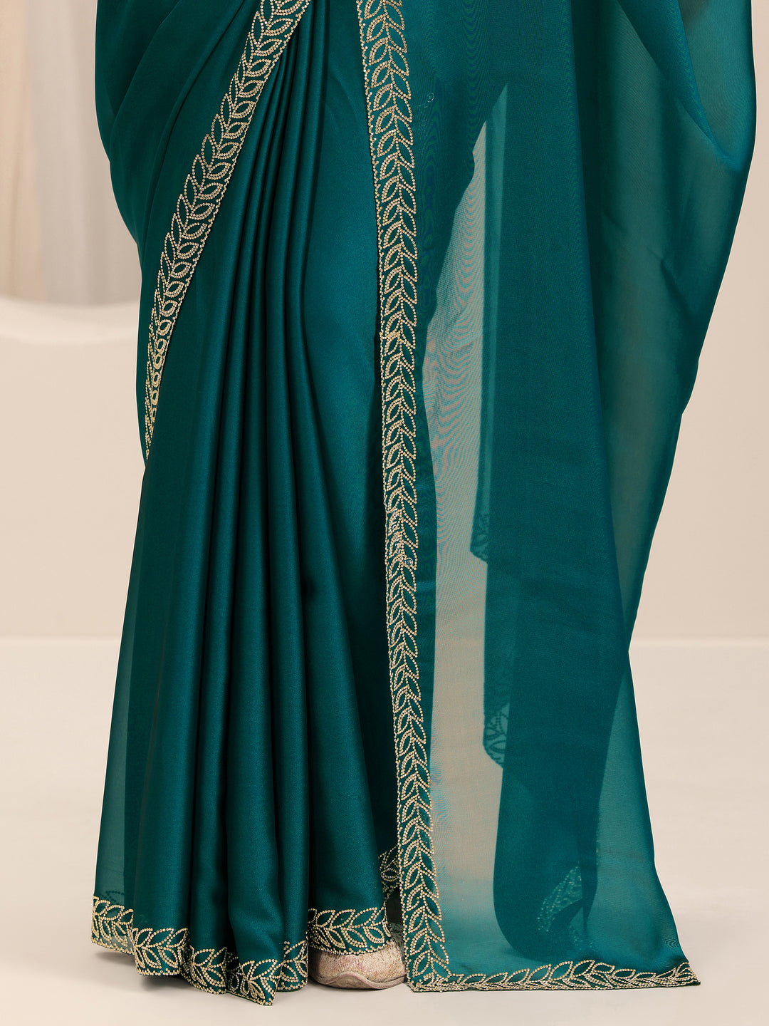  Teal Solid Satin Saree With Unstitched Blouse Piece 