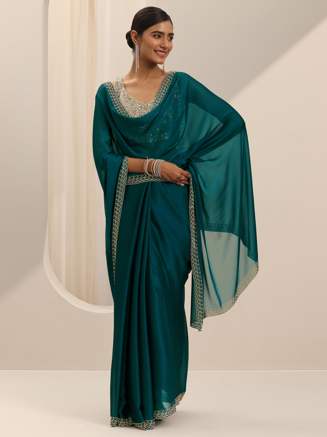 Teal Solid Satin Saree With Unstitched Blouse Piece
