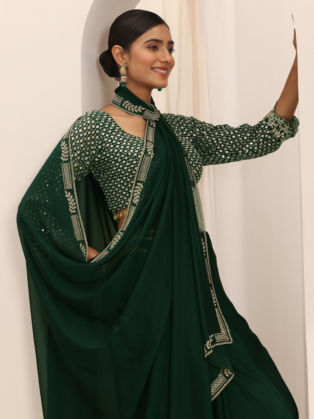  Green Solid Satin Saree With Unstitched Blouse Piece 