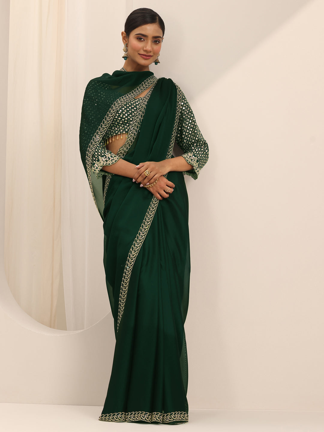 Green Solid Satin Saree With Unstitched Blouse Piece