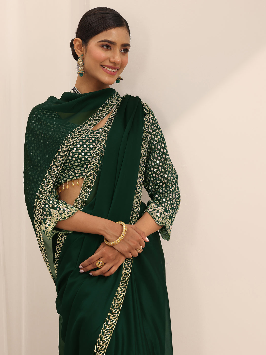  Green Solid Satin Saree With Unstitched Blouse Piece 
