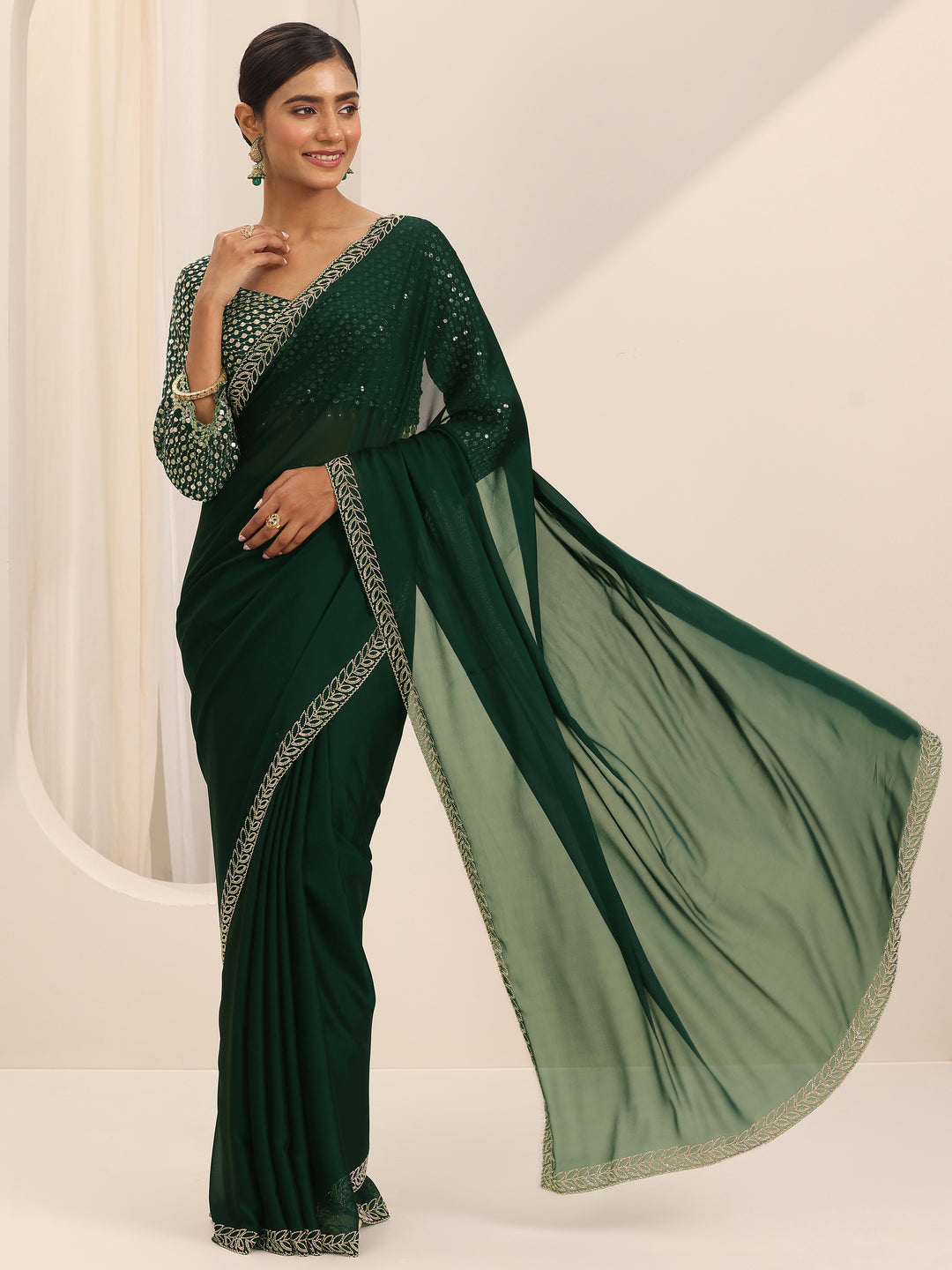  Green Solid Satin Saree With Unstitched Blouse Piece 